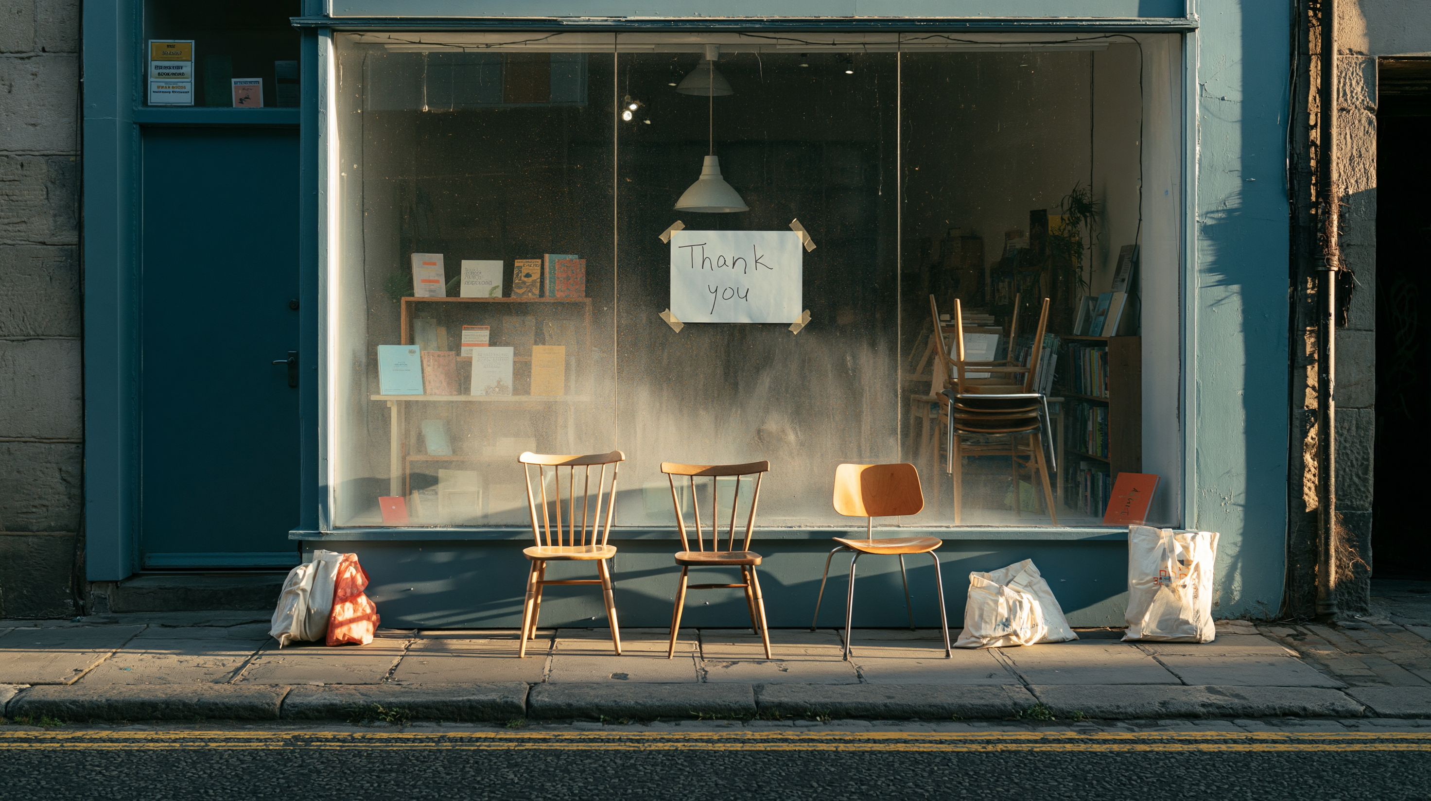 An empty independent bookshop at closing time, chairs stacked outside, a hand-written 'Thank you' sign in the window.