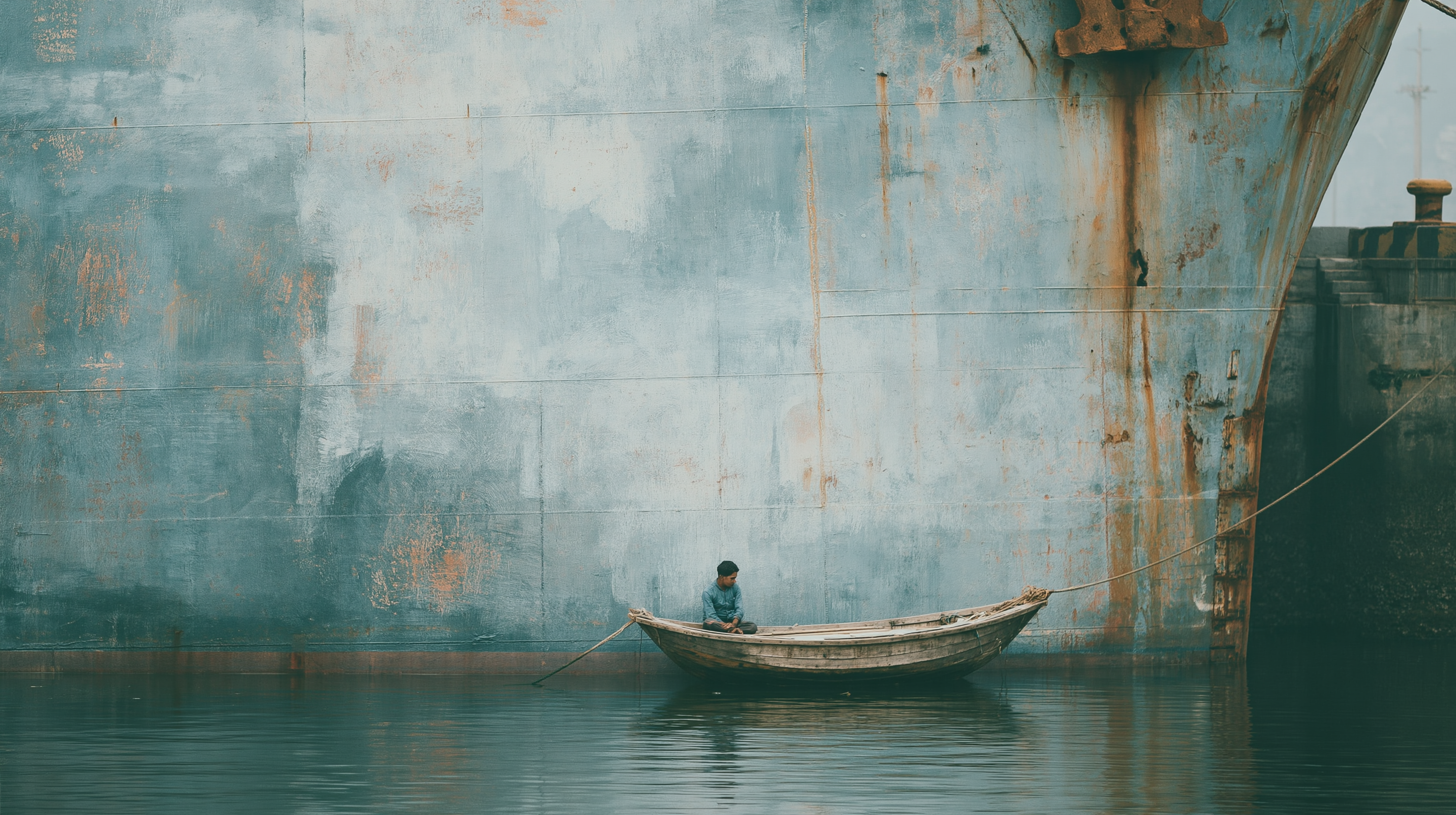 A small wooden boat with a single figure tied to the side of a vast rust-streaked cargo ship.
